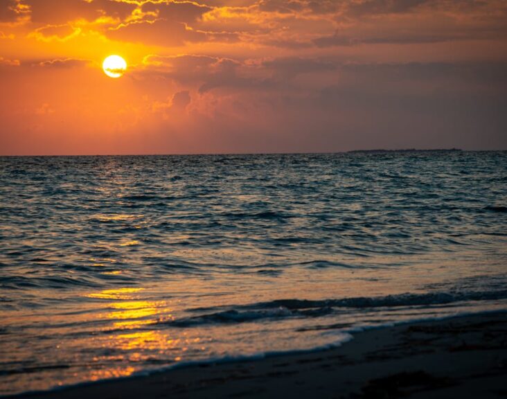 Sunset seascape, yellow, orches, blue, white, mauve